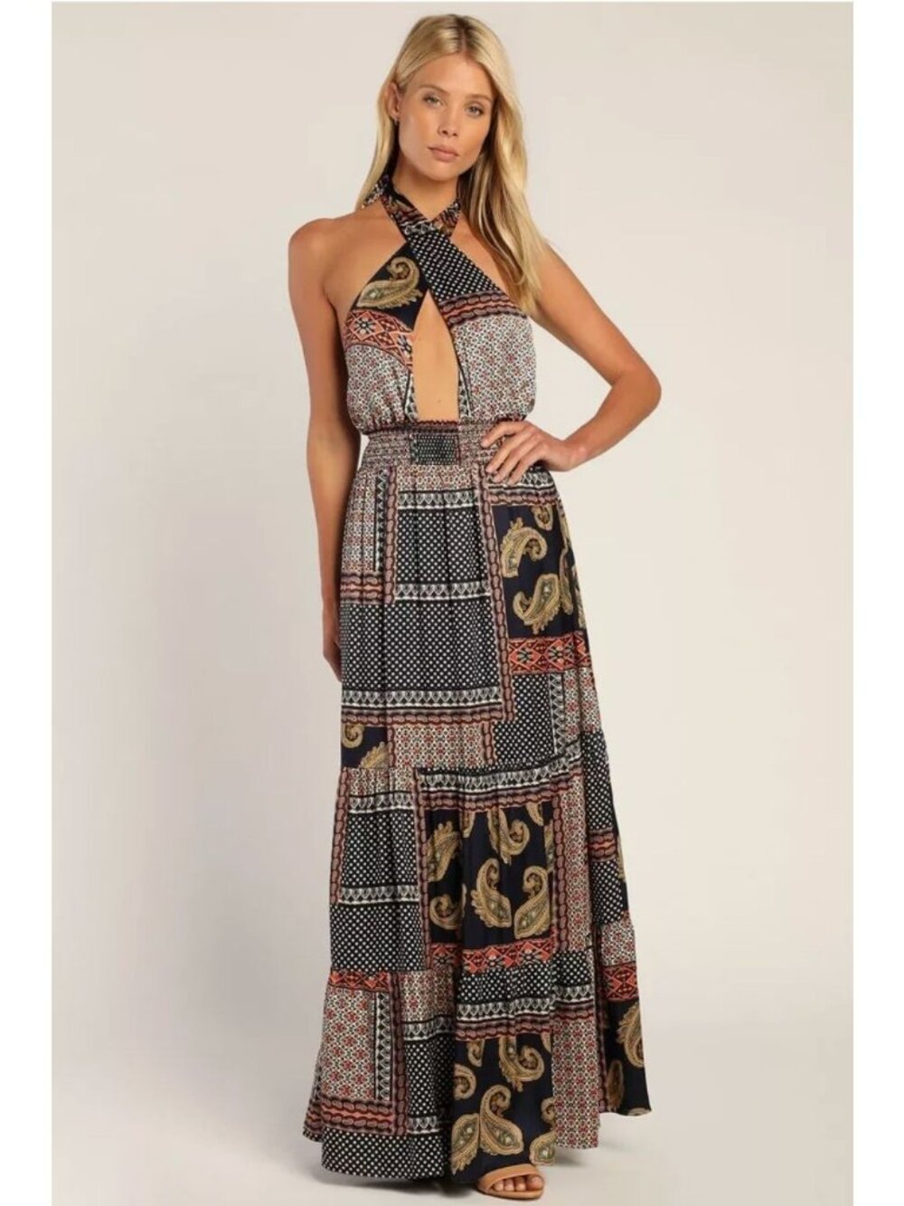 Lulus Trendy Travels Halter Maxi Dress Navy Blue Multi Patchwork Scarf Print  S